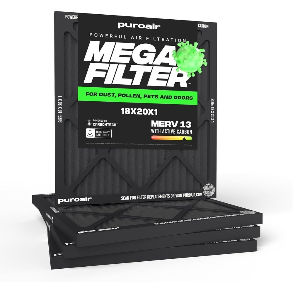 PuroAir MegaFilter 18x20x1 MERV‎ 13 Carbon AC Furnace Air Filter 4-Pack HVAC